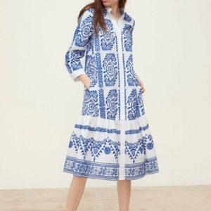 Zara White Midi Dress with Blue Floral Embroidery